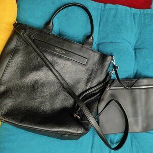 Kenneth Cole Black Leather Tote & Wristlet Set | Leopard Print Lining